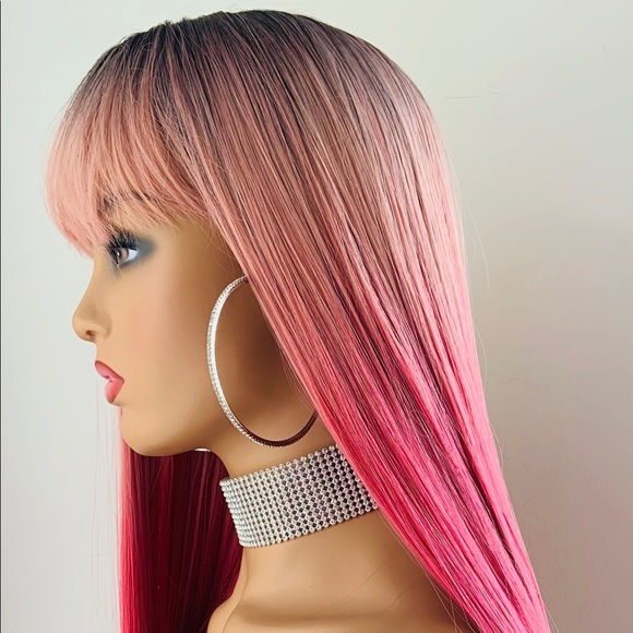 Effortless “Put On & Go” Long Ombre Pink Fuchsia Synthetic Wig w Bangs. 😊 - Picture 6 of 9